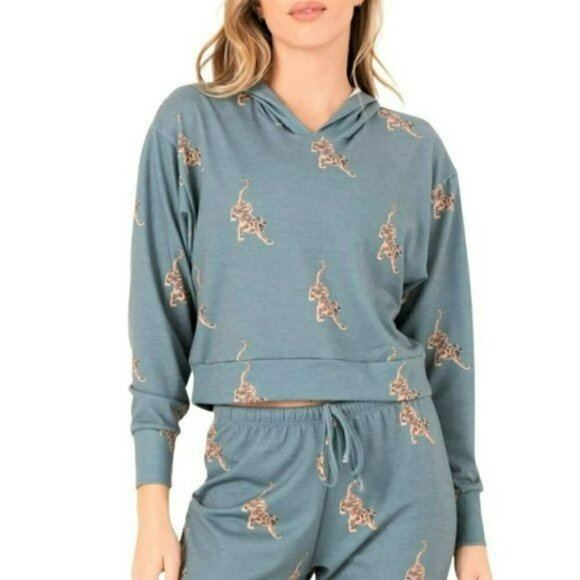 NWT ONZIE Soft French Terry Crop Pale Cacti Tiger Hoodie - Picture 7 of 12